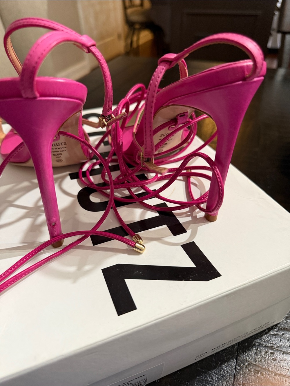 SCHUTZ Hot Pink Strappy High Heel Sandals with Gold Accent - Picture 3 of 6